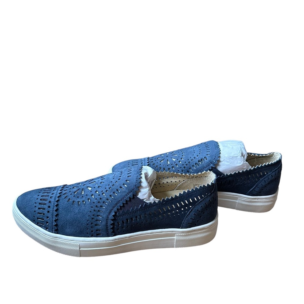 SEY By Seychelles Womens Blue Suede Laser Cut Slip On Platform Flats Size 8.5